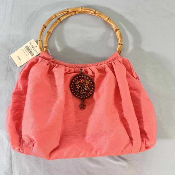 Coldwater Creek NWT Ornament Hobo, iridescent coral fabric and bamboo handles - Picture 4 of 11